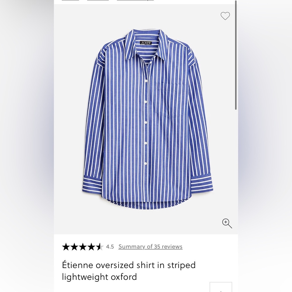 J. Crew Etienne Oversized Shirt in Blue Striped Oxford, Size S